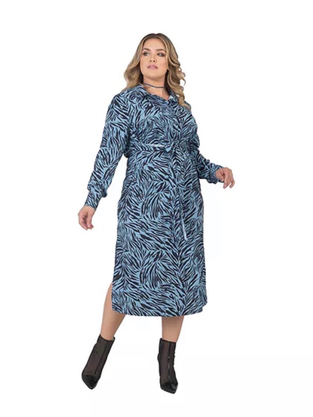 Plus size Blue Zebra Print Button-Front Midi Dress worn once